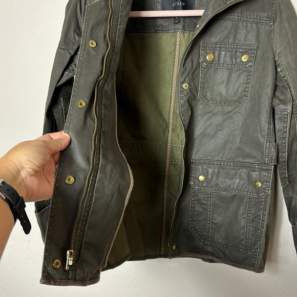 J. Crew Dark Olive Waxed Cotton Field Jacket Snap Button Zipper Down size Small - Picture 8 of 12